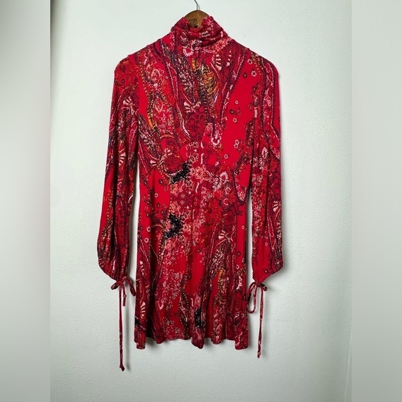 NWT Free People All Dolled Up Red Print Long Sleeve Mini Dress Size Small - Picture 5 of 9